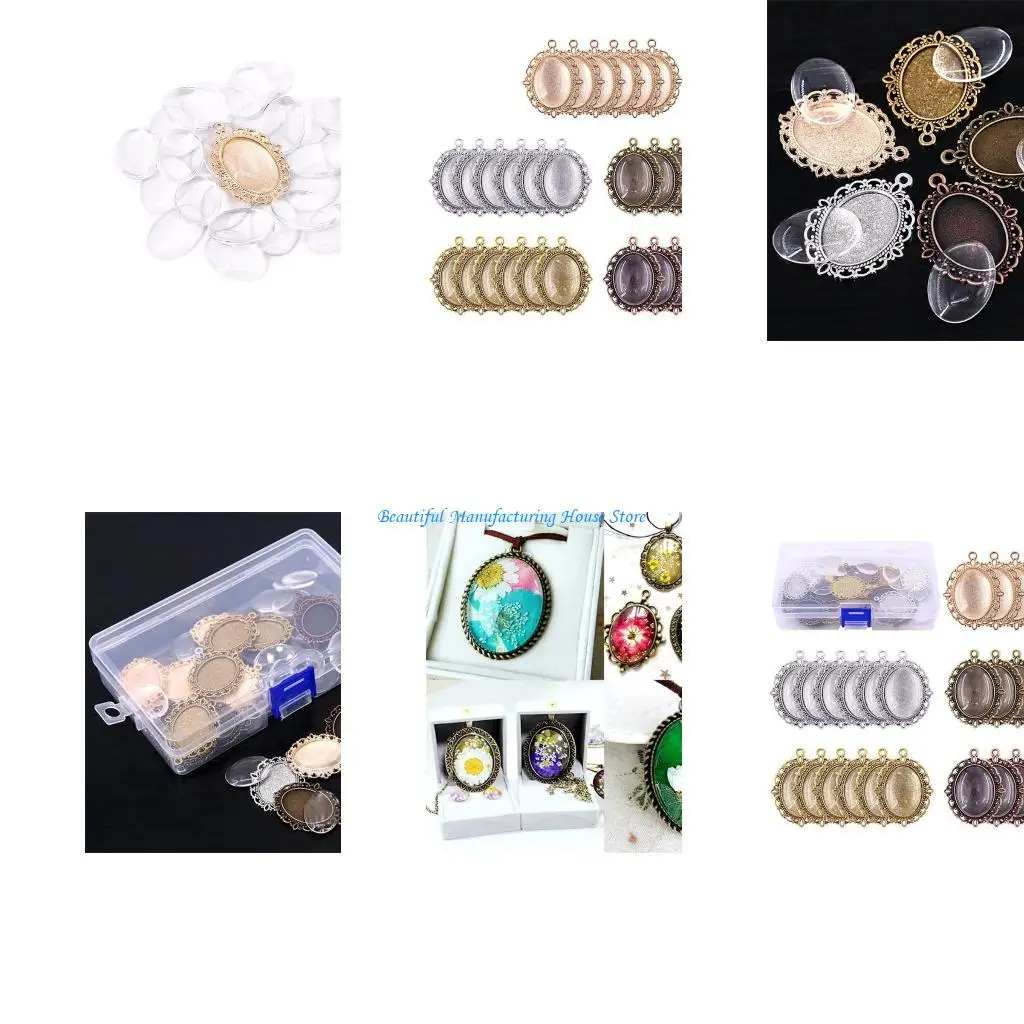 

E56A 60 Pcs Pendant Trays Metal Flat Pendant Blank Trays Bezel Oval Base