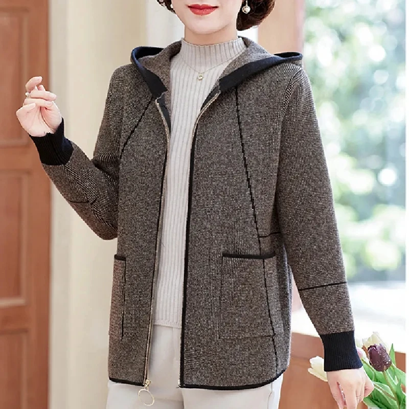 2024New Spring Autumn Woolen Jacket Women Fashion Middle-Aged Hooded Zipper Slim Short Coat Female Casual Outerwear Ladies Tops