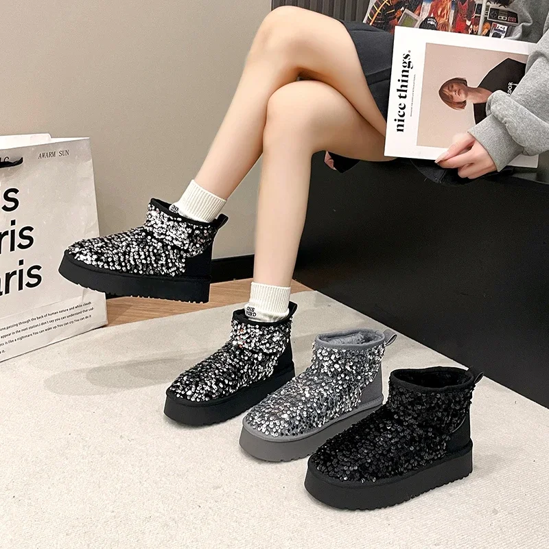 

Winter Warm 4CM Platform Snow Boots Black Bling Sequined Cloth Wool Lined Women Fashion Boots Luxurious Shiny Suede Ankle Boots