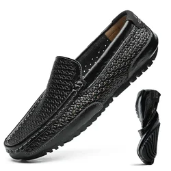 Men Leather Casual Shoes Summer Hollow Out Genuine Leather Loafers Fashion Breathable Slip on Moccasins Driving Shoes for Mens