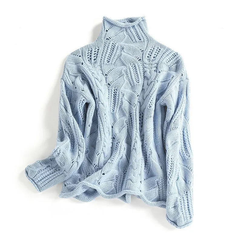 

Autumn New Women Korean Twist Hollow Wool Sweater Lady Causal Loose Solid Knit Pullover Turtleneck Knitwears