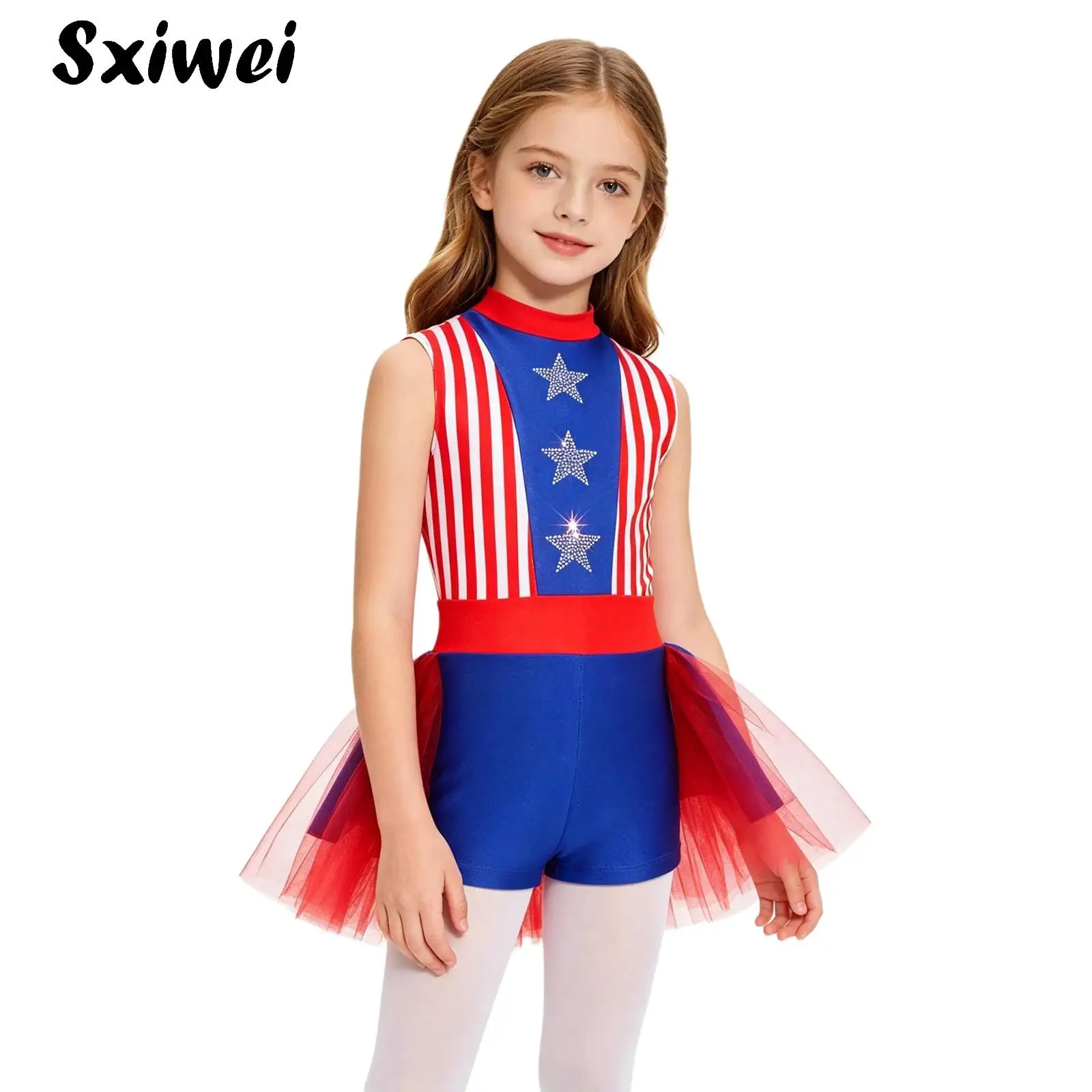 Kids Girls July 4th Independence Day Costume Stars Striped Ballet Tutu Leotards Rhinestone Color Block Tulle Skirted Jumpsuit