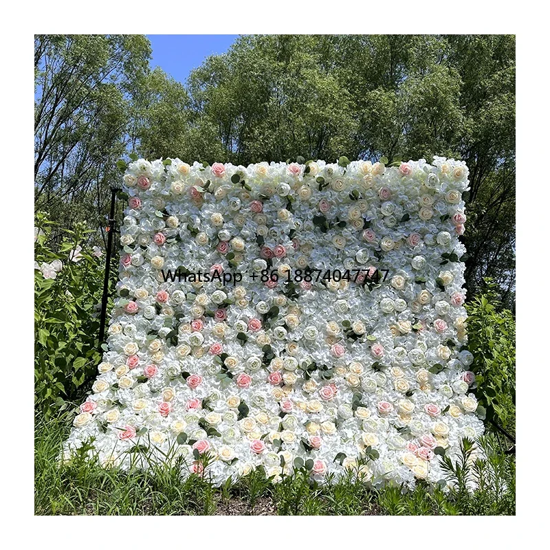 

Hot selling artificial white pink champagne rose silk cloth hydrangea flower wall backdrop for wedding event stage decoration