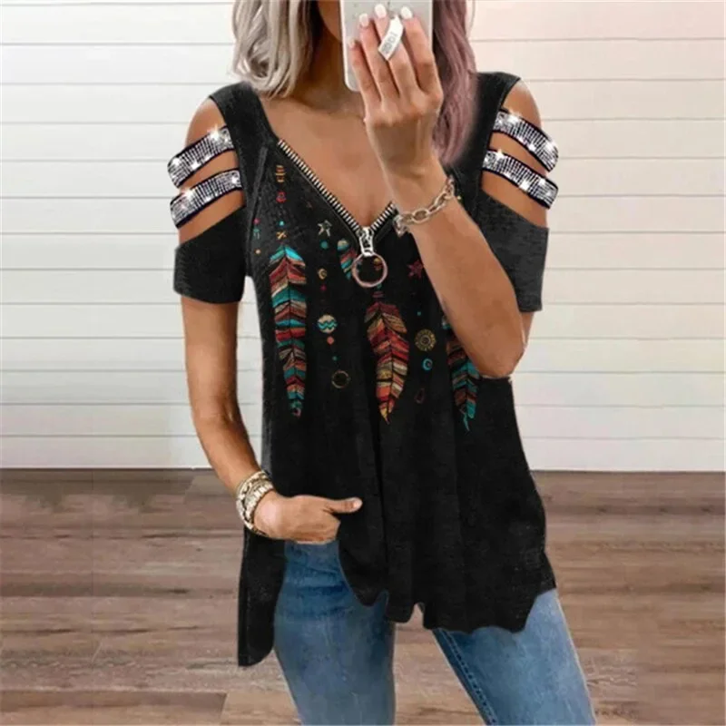 2025 Women's New Arrival Best Selling V-Neck Zipper Pullover Locator Printed Short Sleeve Loose T-shirt Ladies Fashion T-shirts