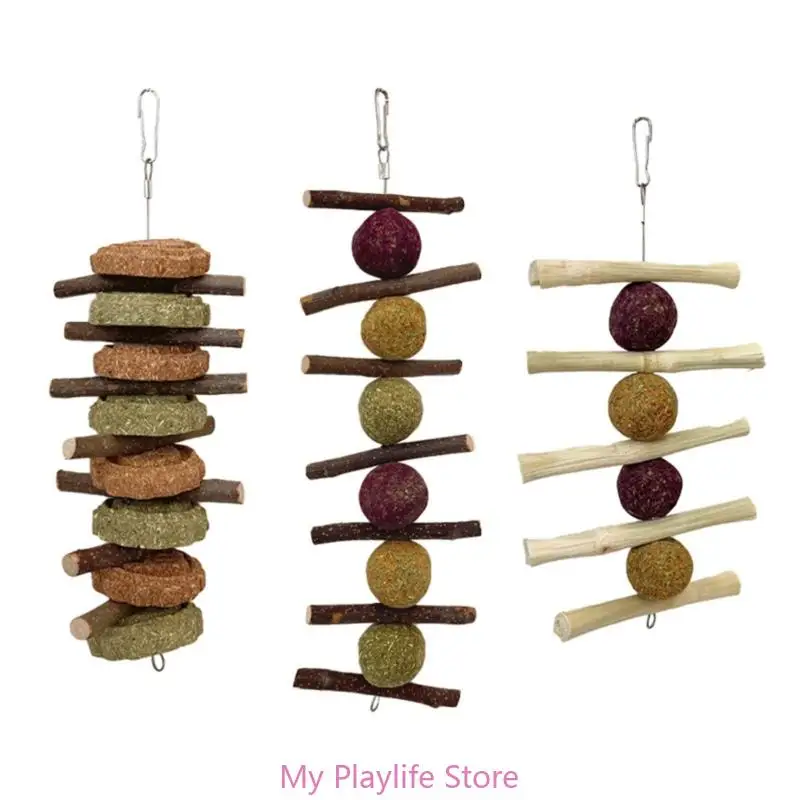 Rabbit Chew Toy Hamsters Hanging Hays Treat Bamboos Stick Grass Cake Wood Twigs Toy for Squirrels Small Pet Teeth Grinding