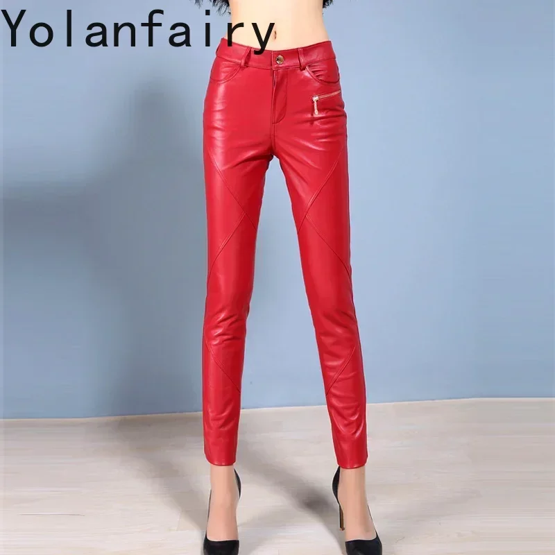 

Female High Waist Pants Pencil Pant Spring Autumn 2024 Real Sheepskin Leather Pants Women's Trousers Frau Hosen Zjt2416