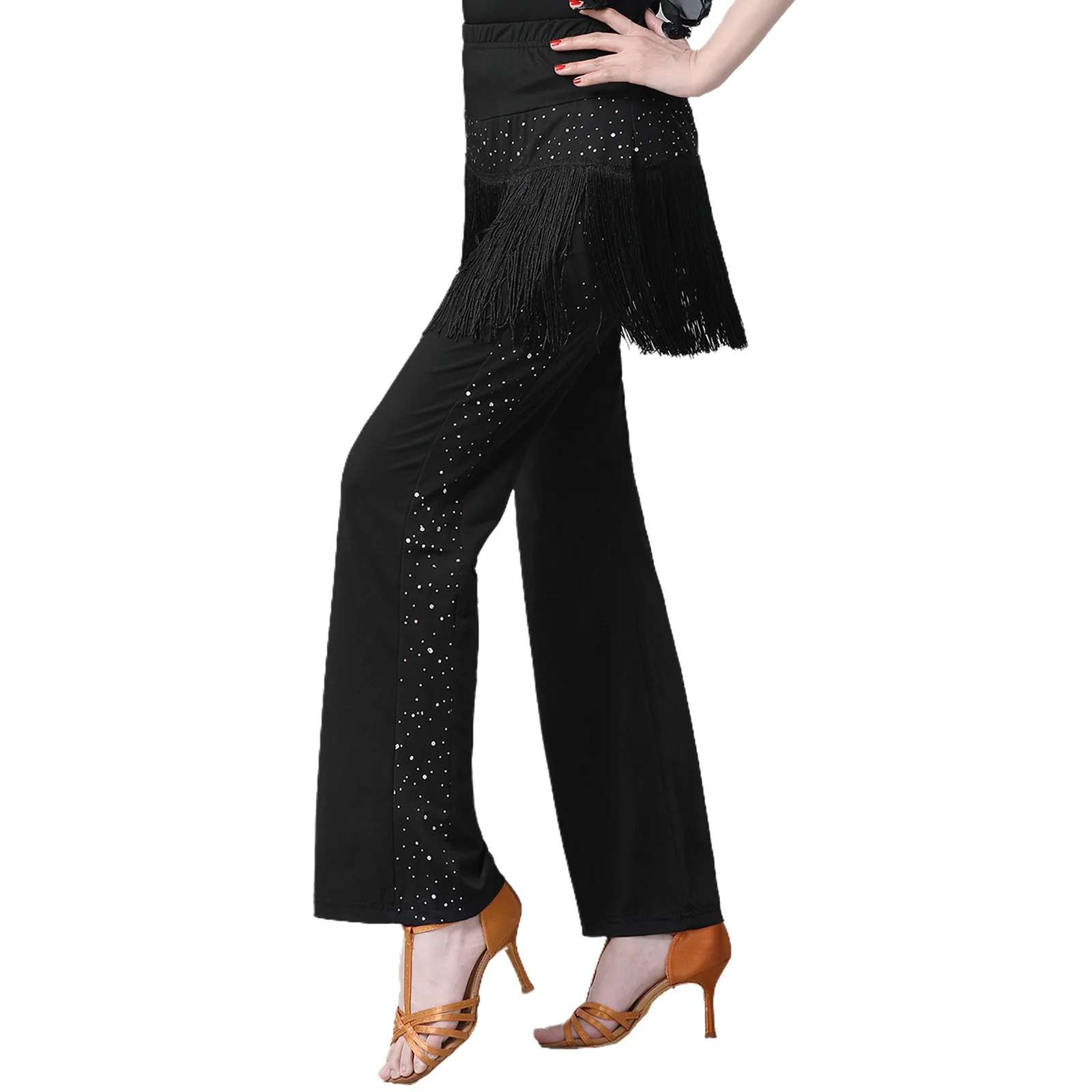 

Lady Latin Jazz Tango Skirt Pants Dance Ballroom Salsa Dancing Practice Performance Dancing Costume Black Color Tassels Trousers