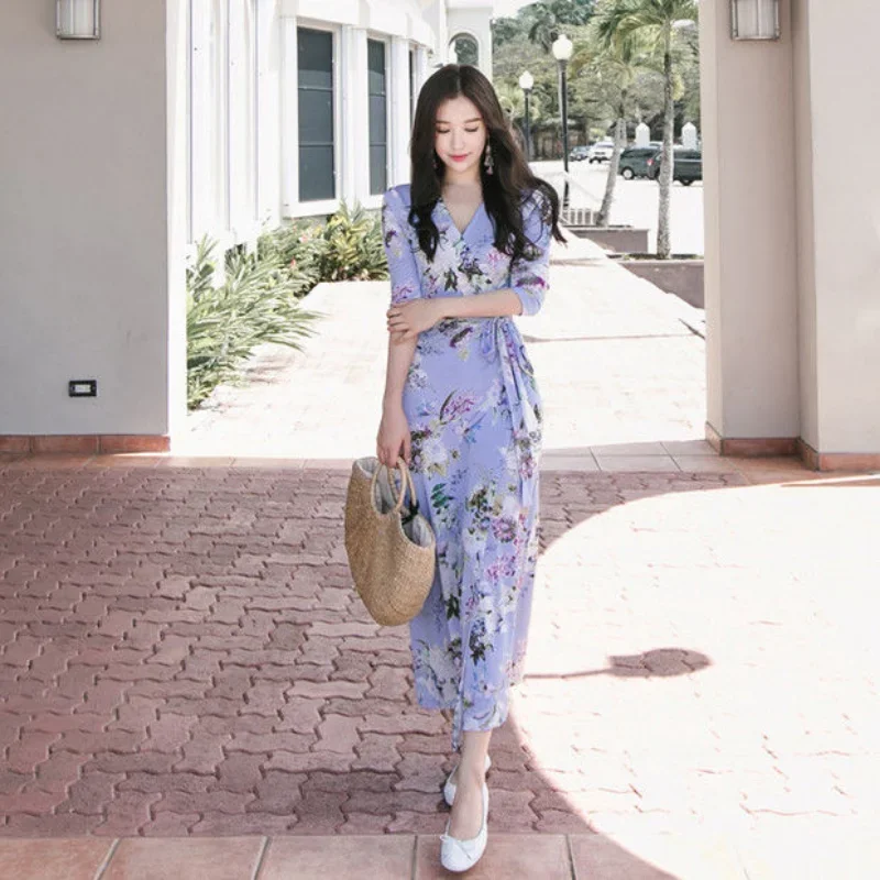 Vestido largo de manga corta para mujer, falda con cuello en V, estampado Vintage francés, con cordones, ajustado, para playa, Corea 2023, envío