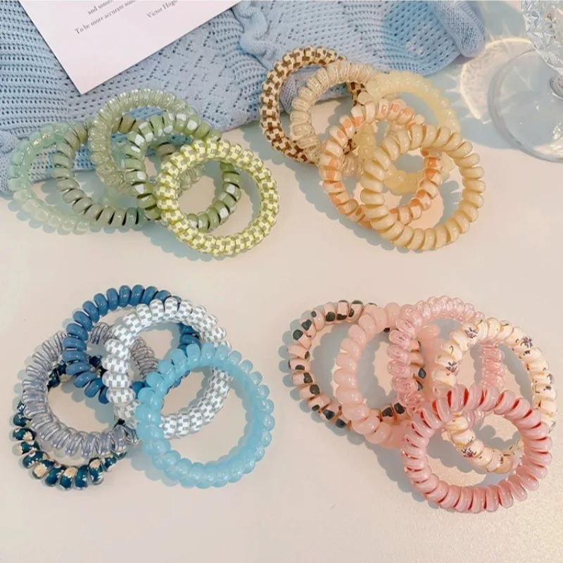 5Pcs Set Telephone Cord Scrunchies Spiral Hair Ties Gradient Color Checkered Print Phone Cord Elastic Hair Band Hair Accessories