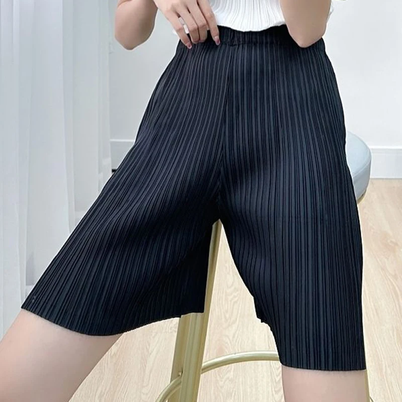 High end pleated casual straight shorts baggy pants woman wide leg short pants women Korean style clothes