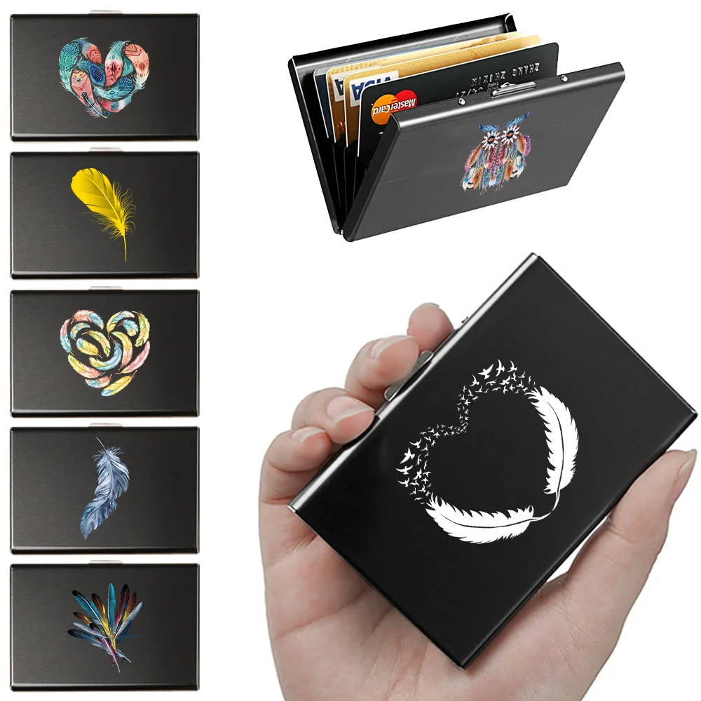 Porte-cartes de crédit antivol pour hommes, portefeuille de luxe, sac d\'argent, étui d\'identité imprimé plume, mini petits portefeuilles d\'argent