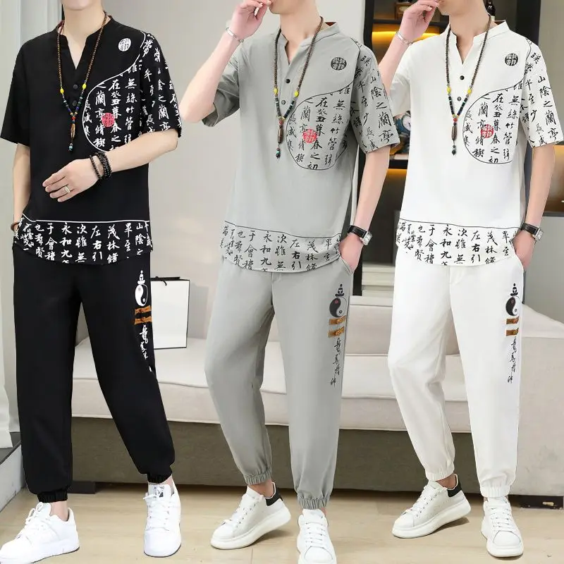 Summer Ethnic Style New Suit Men's Short-Sleeved Trousers T-shirt Casual Fashion Trends