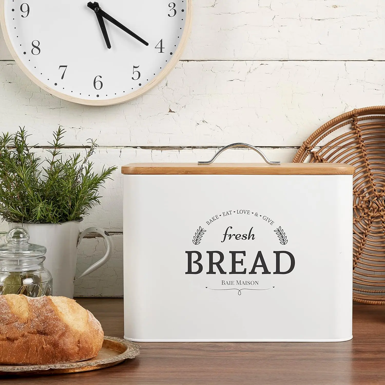 Large White Farmhouse Bread Box with Wood Lid - Holds 2+ Loaves, Rustic Kitchen Decor for Countertop Storage