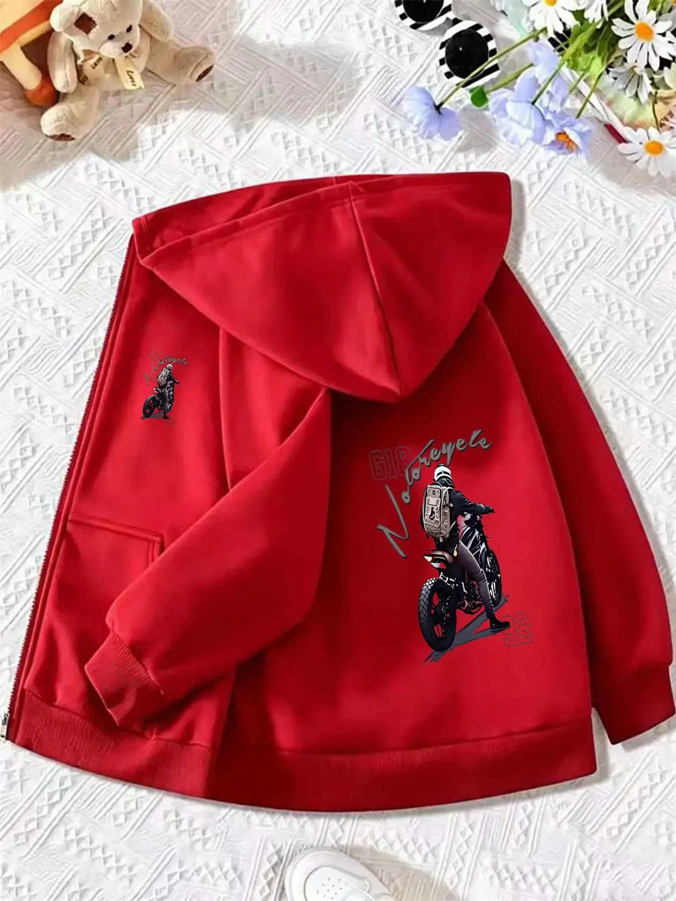 Cool Vintage Biker Motorcycle Print Kids Hoodie Zip Up Fleece Lined Autumn Winter Children Casual Warm Hooded Sweatshirt