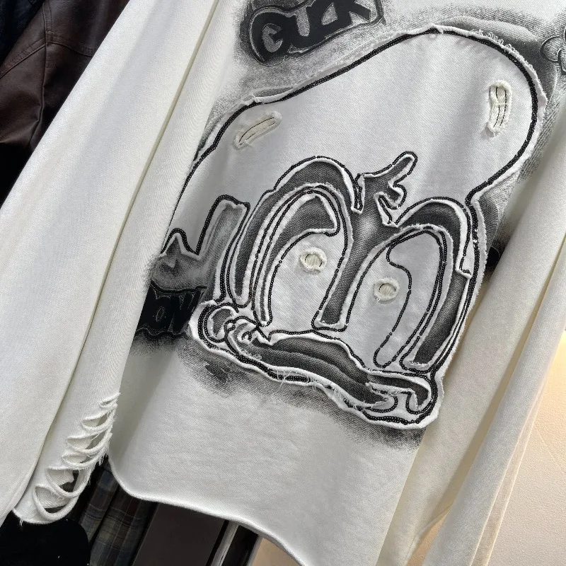 2025 Autumn New Heavy Industry Distressed Design Cartoon Crew Neck Sweatshirt For Women's Loose Fit Short Pullover Top Hoodies