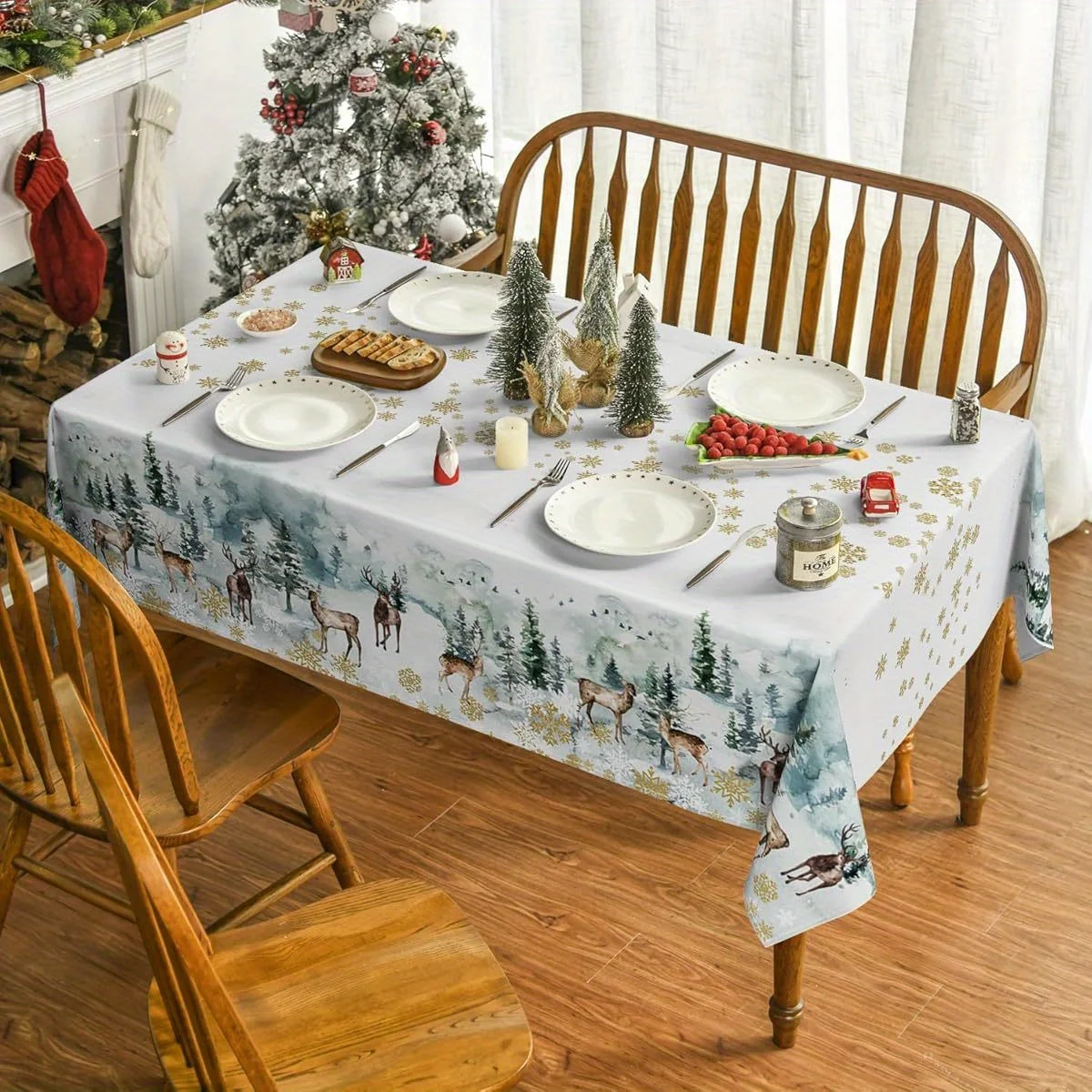 Christmas Deer Golden Snowflake Tablecloth for Table Decor Winter Xmas Tree Snow Kitchen Dining Table Cloth Christmas Decoration