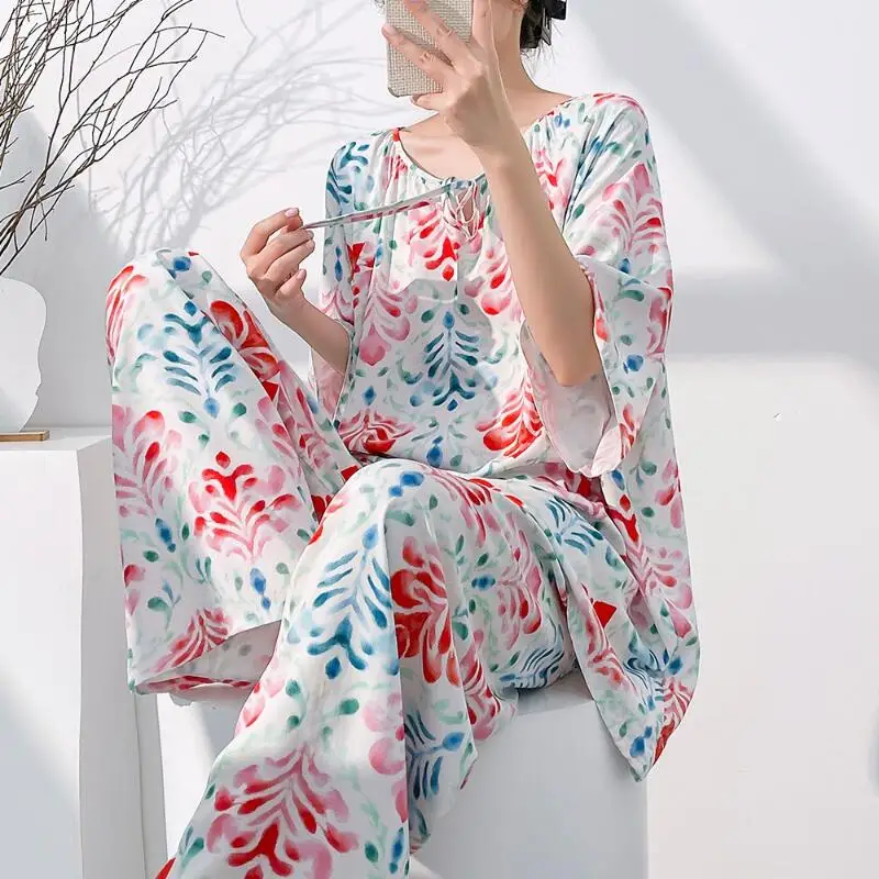 Hot 2026 Spring Summer New Women Cool Comfort Sleepwear Set Fashion Printed Loose Wide Leg Pants Large Home Clothes Two Pieceset view 2