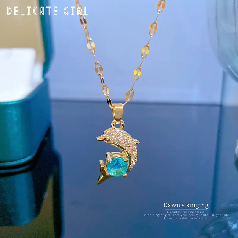 DIEYURO 316L Stainless Steel Blue Zircon Dolphin Pendant Necklace For Women New Luxury Girls Clavicle Chain Jewelry Accessories