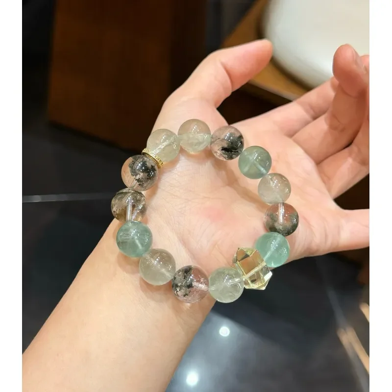 Five Elements Happy Wood Earth, Green Ghost, Matching, Green Fluorite Green Crystal, Lemon Citrine Bracelet