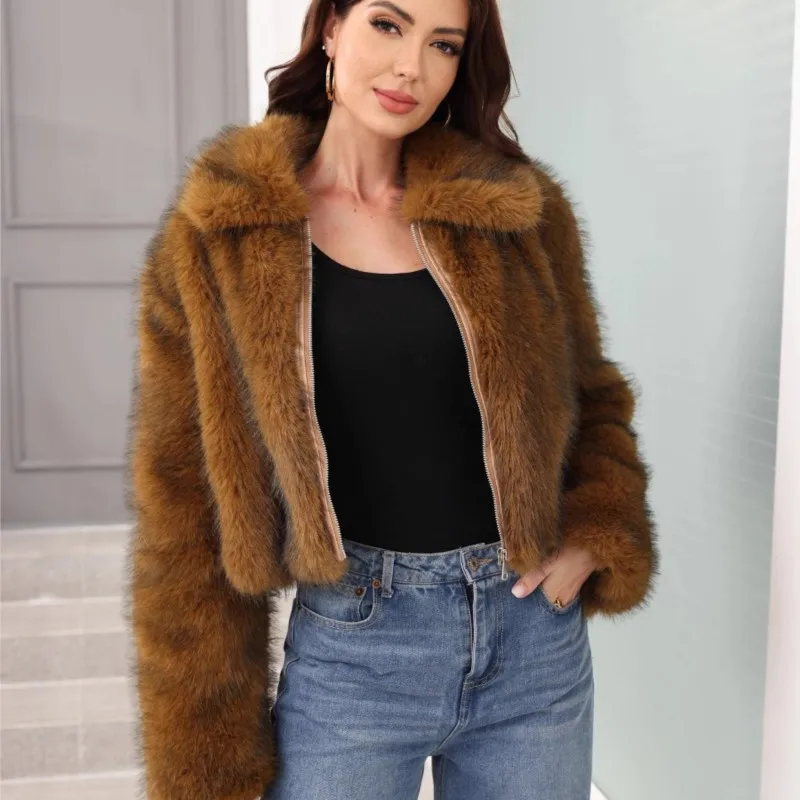 

2025 Winter Women's Faux Fox Fur Long Sleeve Turn-down collar Coat Keep Warm Solid Color Faux Fur Loose Coats Furry Tops