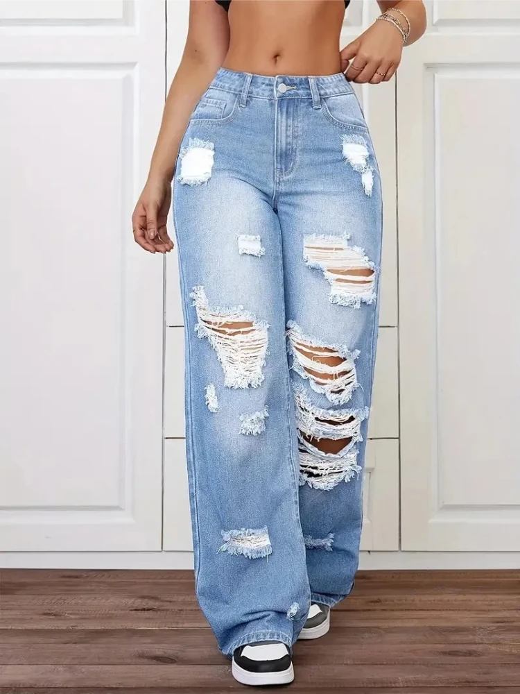 Neue Hole-Jeans für Damen: Weite Vintage-Hose mit Wascheffekt, Rissen und Distressed-Look, Bodenlange High-Waist Streetwear-Hose