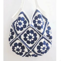 Bolsa de ombro artesanal de crochê, bolsa padrão azul e branco, bolsa de compras feminina com forro, estilo cultural chinês