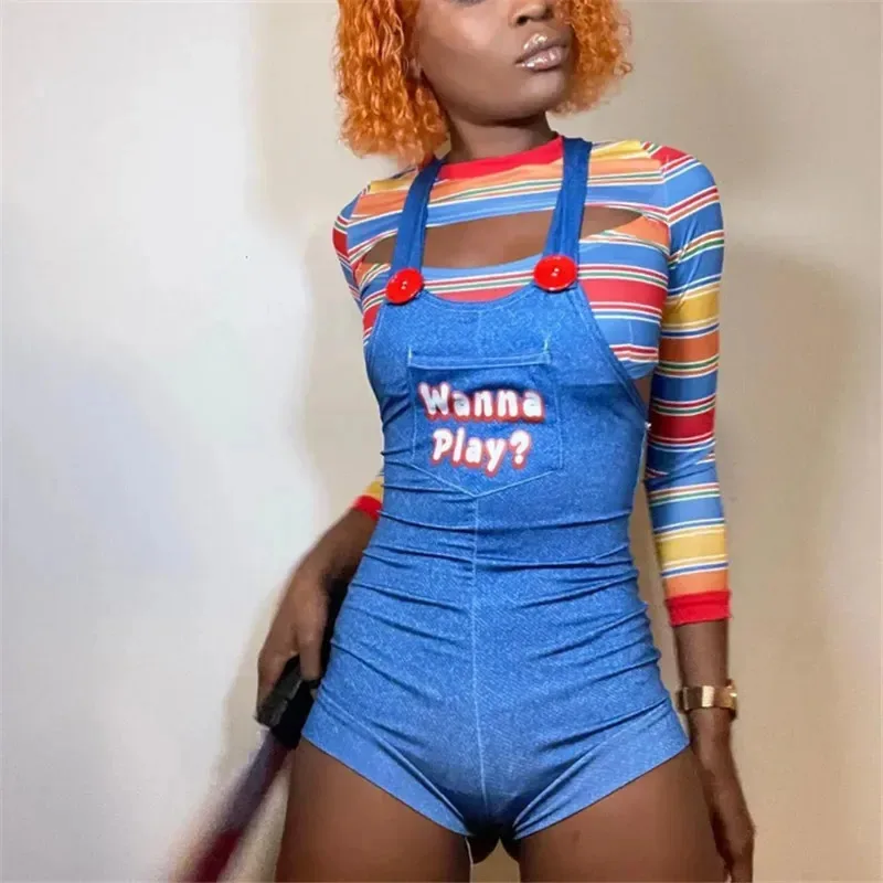 Zweiteiliges Set für Frauen, gruselige Albtraum-Mörder-Puppe, möchte Filmcharakter-Body, Chucky-Puppe-Kostüm, Cosplay-Overall spielen