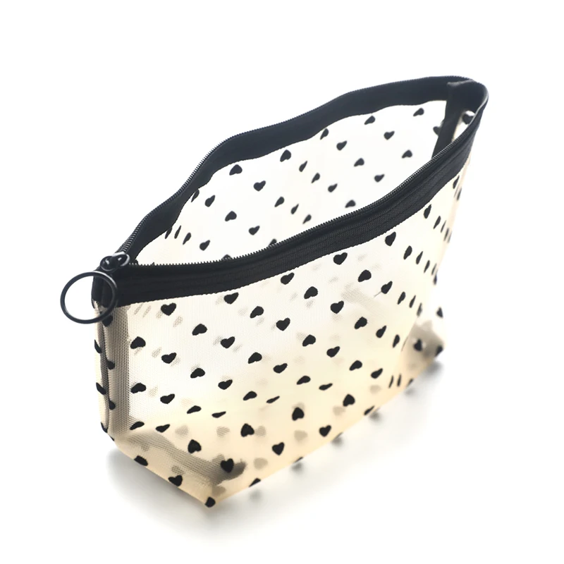 

Cute Transparent Mesh Cosmetic Bag Zipper-Closure Black Heart Print Pencil Case Portable Storage Pouch