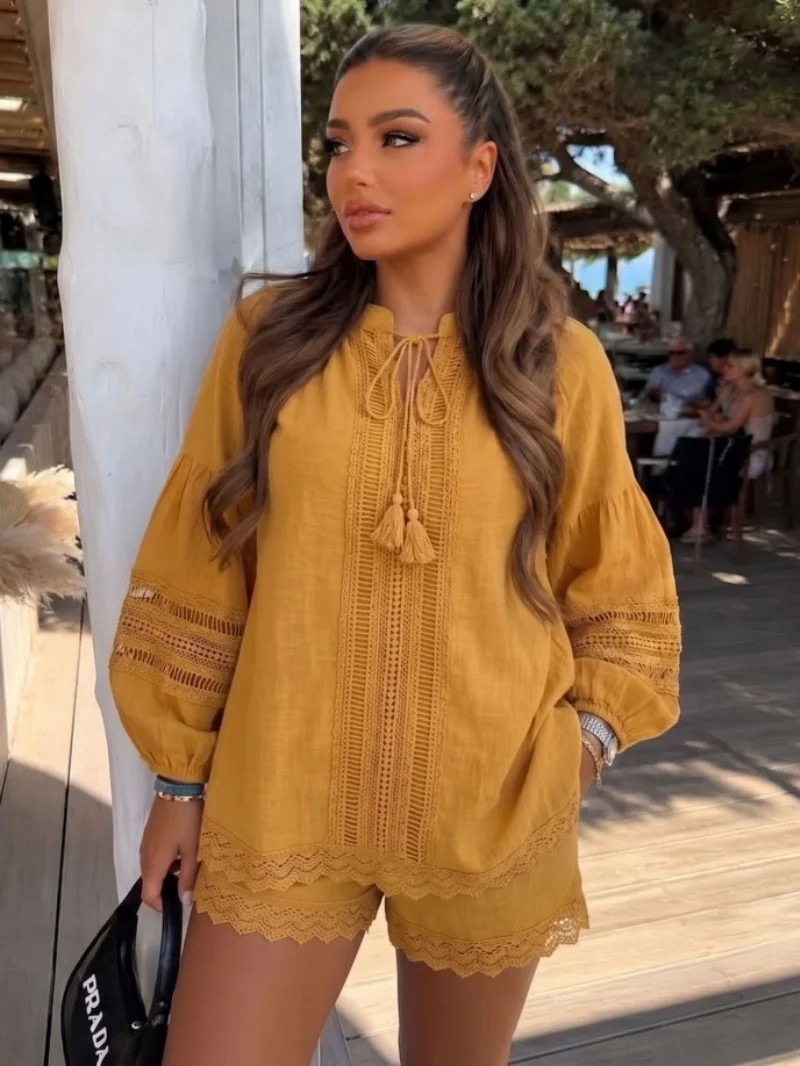 Fashion Hollow Out 2 Piece Sets Women Outfit Summer Clothing Women 2026 Lantern Sleeve Top Shorts Suit Holiday Casual Woman Sets
