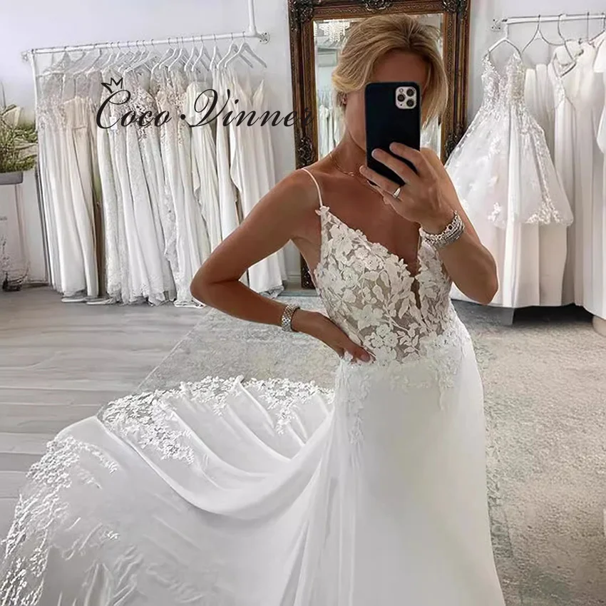 

Свадебное платье русалки на маленьких бретелях по индивидуальному заказу, шифоновое свадебное платье во французском стиле с длинным шлейфом и кружевной аппликацией для женщин W1317