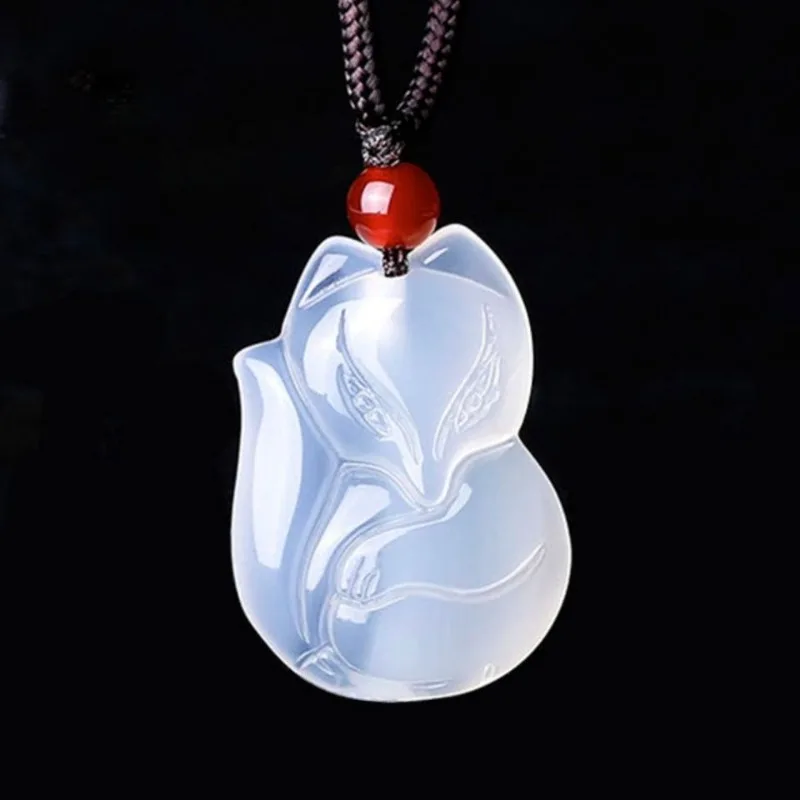 High Ice White Chalcedony Fox Pendant Agate Small Spirit Fox Transfer Necklace