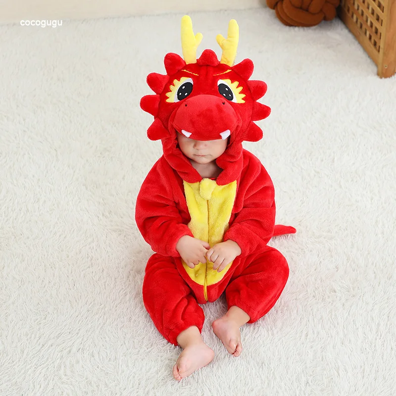 Red Dragon Romper Baby Boy Girl Pajama Newborn Bebe Clothes Cute Bodysuits Flannel Warm One-piece Winter Halloween Animal Outfit