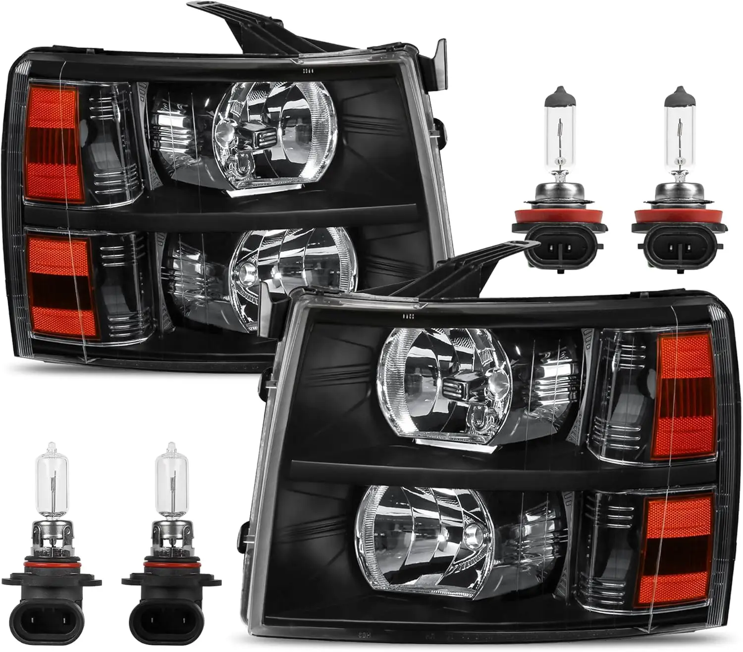 Headlight Assembly Compatible with 2007-2013 Chevy Chevrolet Silverado 1500 2500HD 3500HD Front Lamp with Bulb Black Housing/Cle