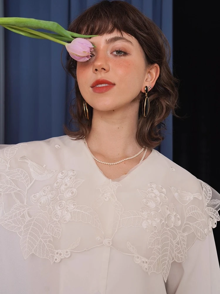 

113-121 см, белые рубашки с бюстом, весна-осень, оригинальный дизайн, женские винтажные элегантные свободные изысканные рубашки с вышивкой в виде листьев/блузки