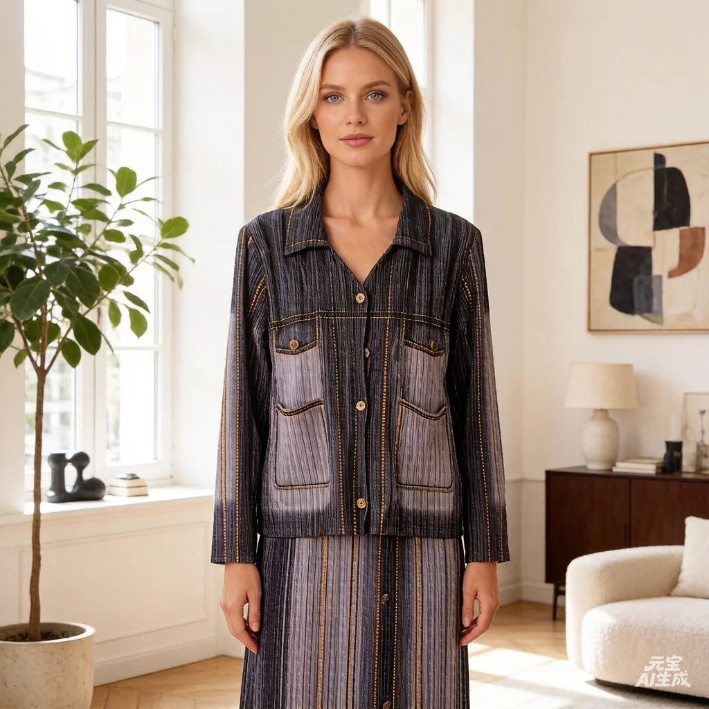 

Miyake Pleated New Arrival 2026 Spring Vintage Denim Gradient Colour Fashion Set Spring Commuter A-Line Skirt Two-Piece Set