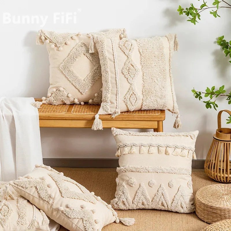 Gesteppte Boho-Kissenbezüge mit Quasten, bestickte luxuriöse Leinen-Dekokissenhüllen für Sofa, Bett, Stuhl, Heimdekoration