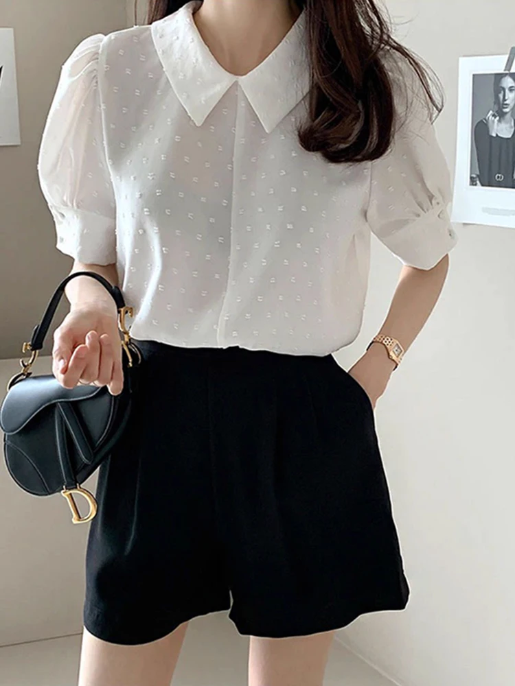 Ele Embroidered Floral Snowflake Blouse Women's Summer New Sle Bubble Sve Doll Collar Top Korean Sle Loose Fit