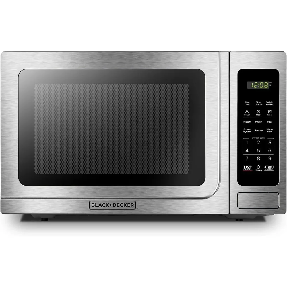 Forno Microondas Digital com mesa giratória, porta de botão, trava de segurança para crianças, aço inoxidável, 1,4 pés cúbicos, EM036AB14