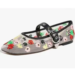 Small Multi Floral Embroidery Mesh Buckle Belt Ballet Flats Shoes Embroidered flowers Slip on Leisure Loafers Shoes for Women