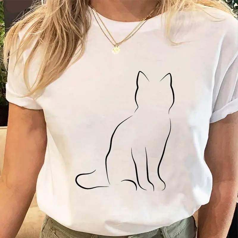 Women Print Tees Tshirt Female Clothes Regular Short Sleeve Tops Cat Simple Cute Print Ladies Fashion Cartoon Graphic T-Shirt