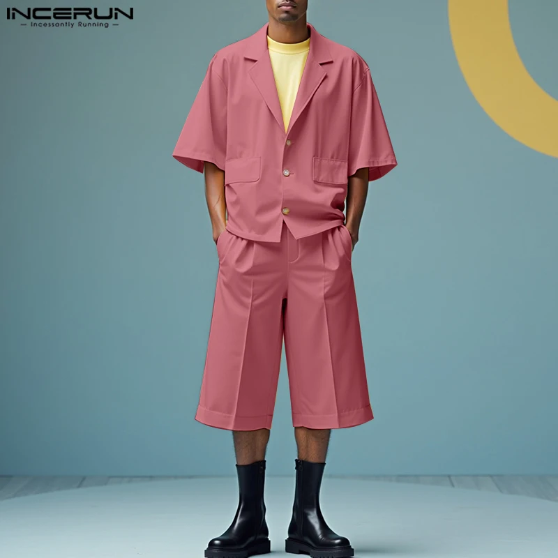 

2025 INCERUN Men Sets Solid Color Oversize Lapel Half Sleeve Shirt & Shorts Two Pieces Sets Summer Streetwear Fashion Men Suits