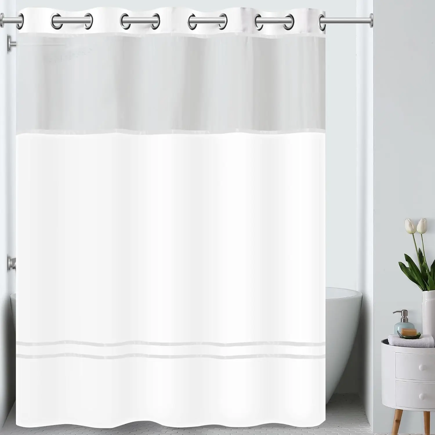 

It's A Snap! Escape 3-in-1 Shower Curtain With Sheer Top Window, Flex-On Rings & Fabric Liner, 71" x 74", White