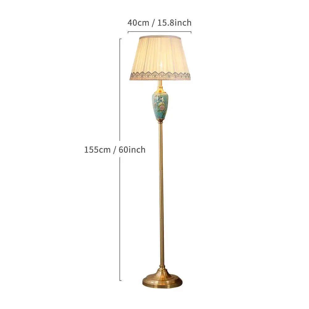 Europese retro keramische vloerlamp met vintage stoffen lampenkap, staande lamp voor woonkamer, hoek, slaapkamer, leeslamp aan het bed.