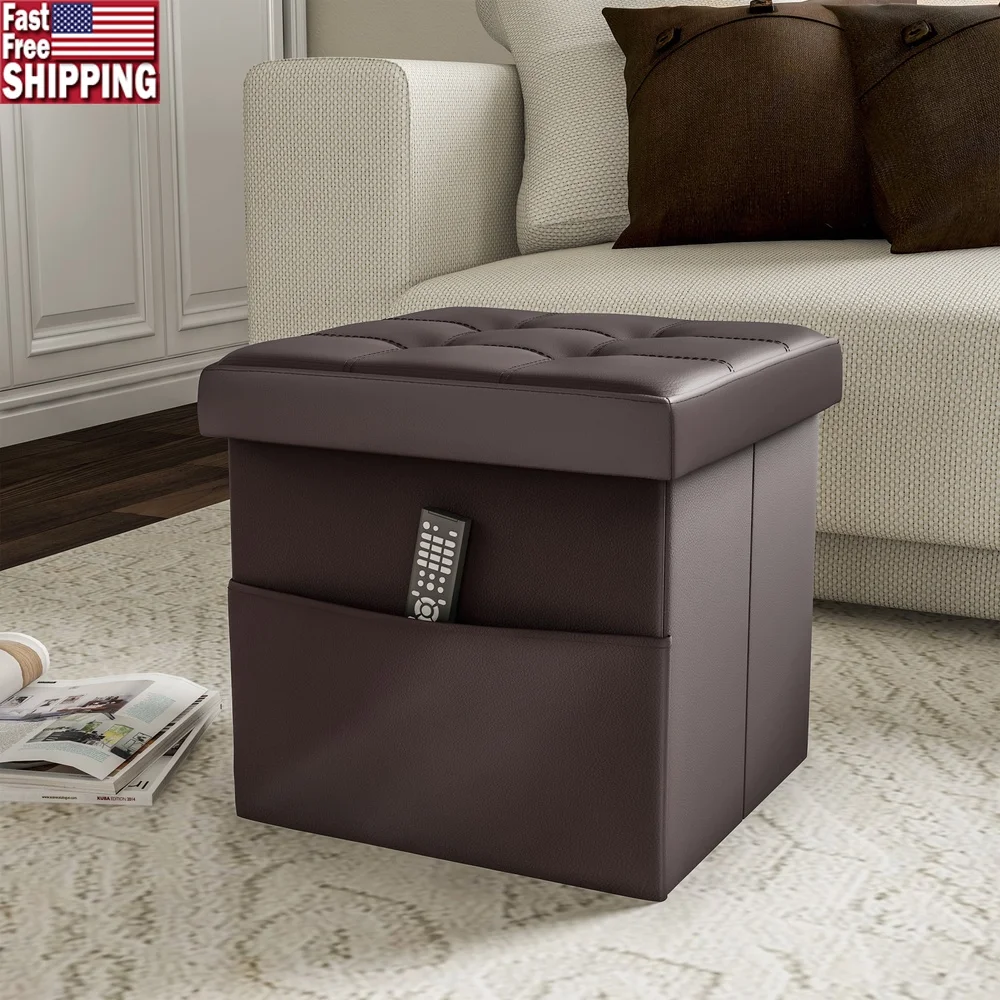 

Folding Tufted Faux Leather Storage Ottoman with Pocket Sturdy Cube Seat Living Room Bedroom RV Compact Storage