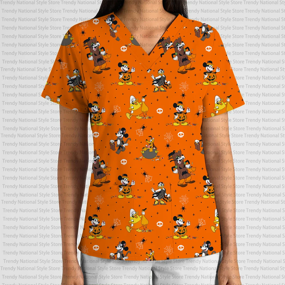 New Disney Halloween Ghost Mickey and Minnie Fashion Women's Work Uniform Scrub Top with V-Neck Pocket Hospital T-Shirt