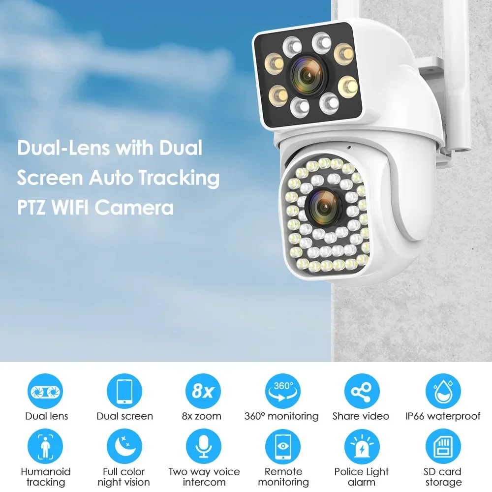 8MP 4K PTZ Wifi Camera Dual Lens  Dual Screen with Ai Human Detect Auto Tracking Wireless Outdoor Security Surveillance CCTV Cam