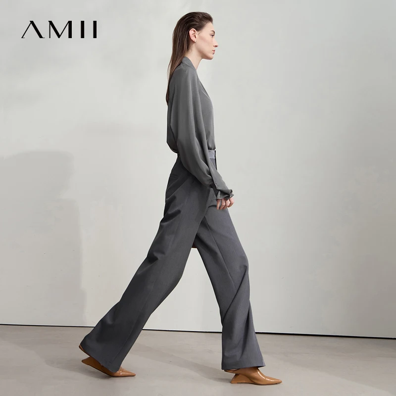 AMII 우아한 여성 블라우스 루즈 심플 V넥 여성 상의 블라우스 2025 가을 긴팔 셔츠 여성 의류 12543067