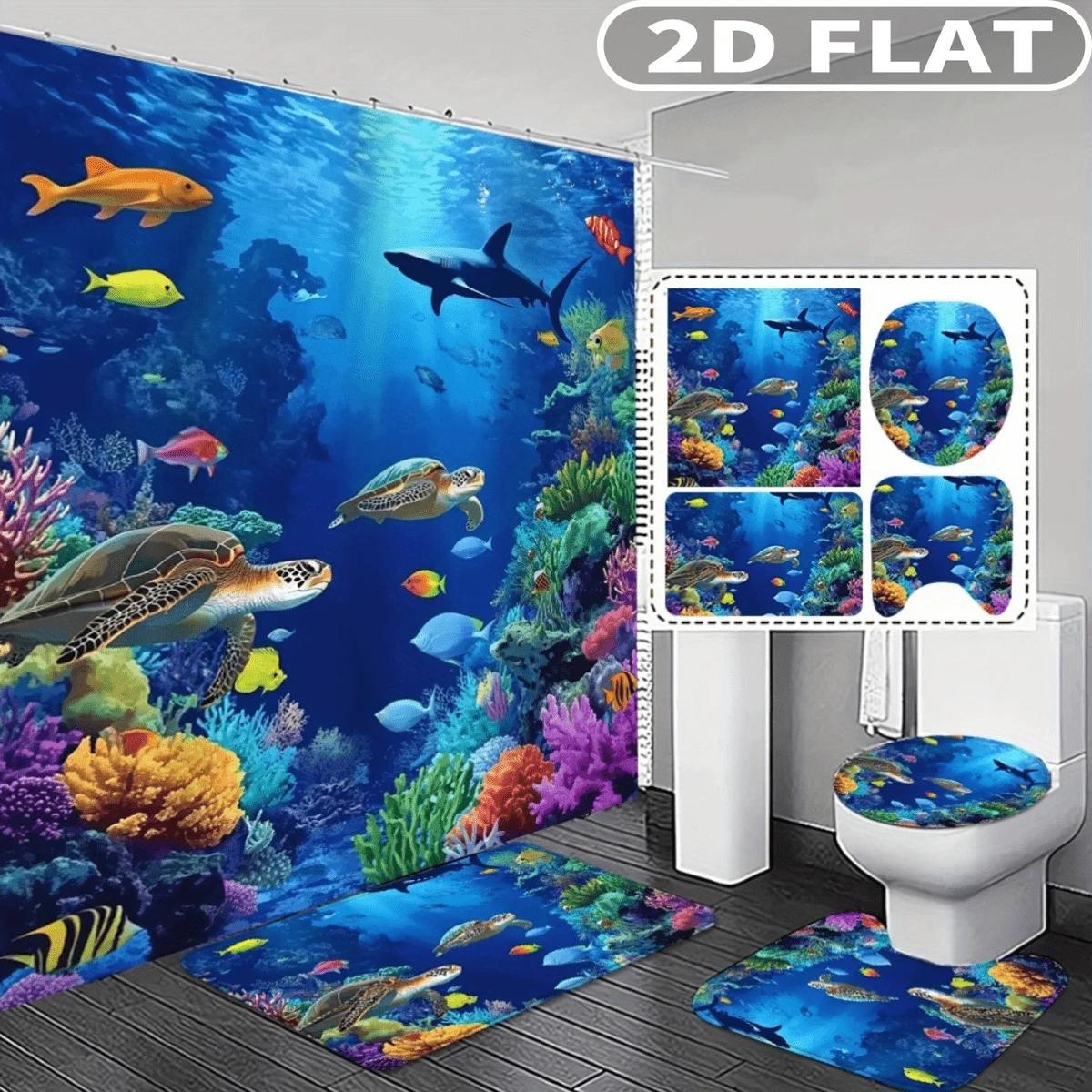 

4pcs 2D FLAT Underwater Ocean Life Scene Pattern Shower Curtain Set, with 3pc Bath Mat and 1pc Curtains Perfect for Home Decor