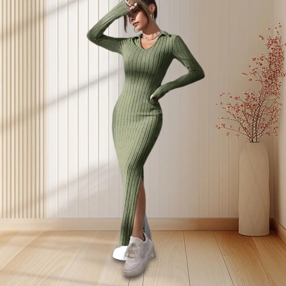 Women Spring Fall Dress V Neck Slit Hem Thread Slim Fit Long Sleeves Dress Ankle Length Knitted Elastic Maxi Dress