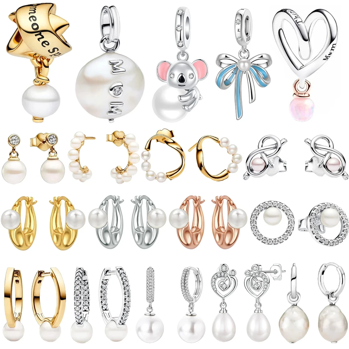 

925 Sterling Silver Pearl Set Earrings Ring Round Charms Ear Buckle Gem Bracelet Necklace Jewelry DIY Metal Bead Pendant Gift